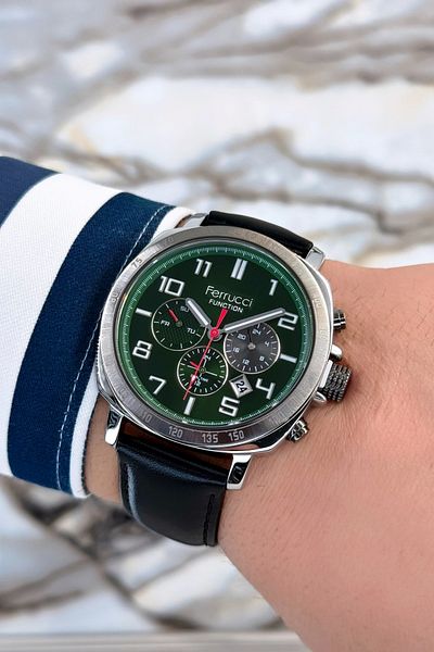Ferrucci Black Leather Cord, Steel Case Function Number Men's Wristwatch Bracelet Zmfer079