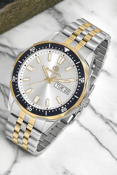 Bigotti Men's Function Wristwatch - Silver/Gold Color, Steel Case and Cord Bracelet, Gift Zmb