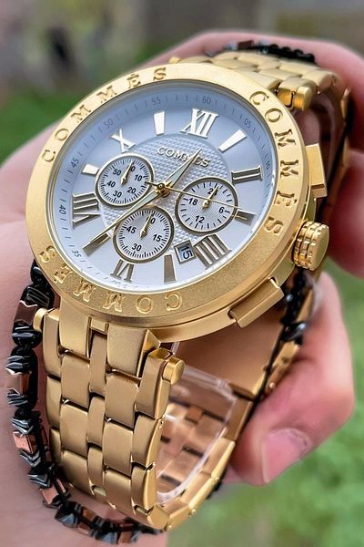 COMMES Gold Color Men's Wrist Watch - Crono Functions Active with Bracelet Gift