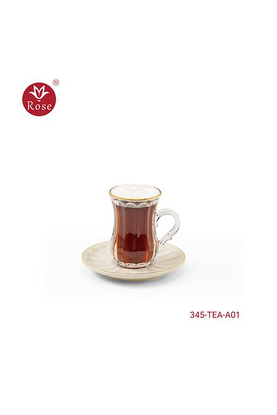 Rose RS345-طقم شاي روز مكون من 6 فناجين شاي زجاجية شفافة و6 صحون مصنوع من السيراميك بنقوش عصرية مميزة