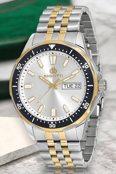 Bigotti Men's Function Wristwatch - Silver/Gold Color, Steel Case and Cord Bracelet, Gift Zmb
