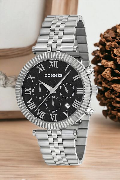 COMMES Silver-Black Color Crono Steel Band Men's Wristwatch Full Function Bracelet Zmcms036