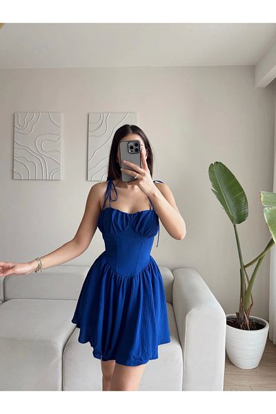 Zoom Butik Waist Corset, Shoulder Tie Saks Blue Dress
