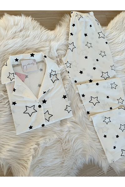 Pijamacs White Star Patterned Cotton Short Sleeve Shirt Collar Pajama Set