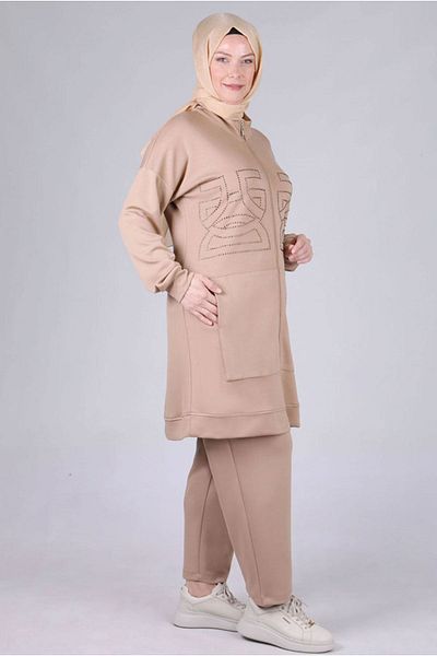 Moda Rosa 25K3536 - Mink - Large Size Hijab Modal Fabric Trouser Suit