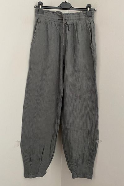 AYASOFYA OTANTIK Women's Anthracite Elastic Waist Tied Detailed Muslin Cotton Pencil Leg Trousers
