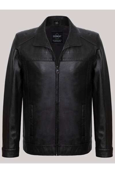 DeriWork Genuine Leather Black Men's Leather Coat Plain Side Pocket Leather Jacket