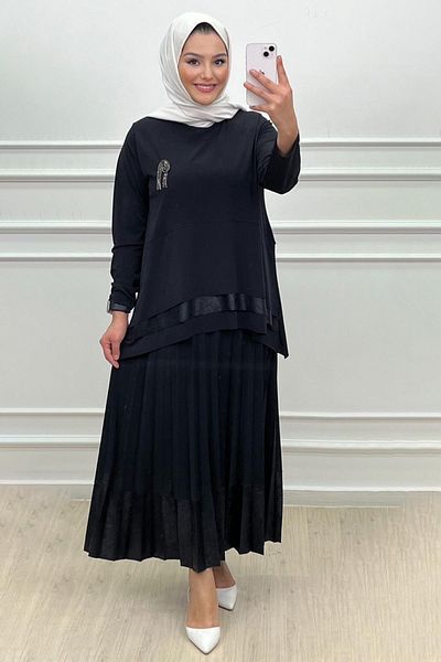 Elele Set de fuste cu bluză neagră cu design oval și nisip combinat Siena pentru femei