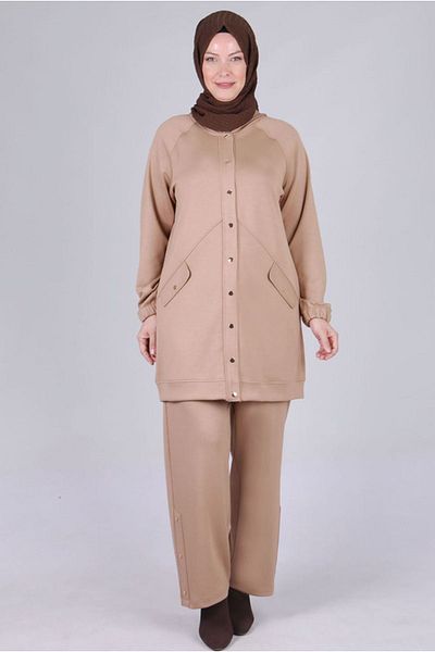 Moda Rosa 25K3537 - Mink - Large Size Hijab Modal Fabric Trouser Suit