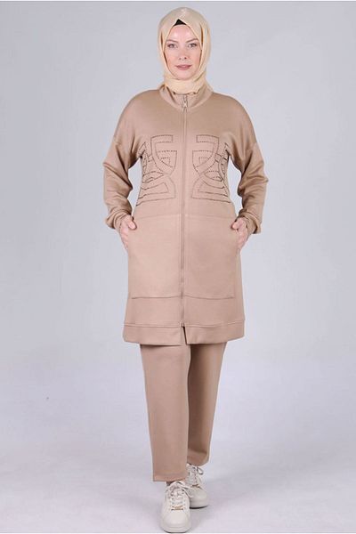 Moda Rosa 25K3536 - Mink - Large Size Hijab Modal Fabric Trouser Suit