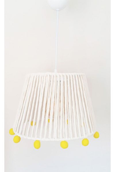 C&A&B KUZEY AVİZE Ecru Macrame Rope Wrapped Yellow Pompom Baby and Children's Room Pendant Lamp Chandelier