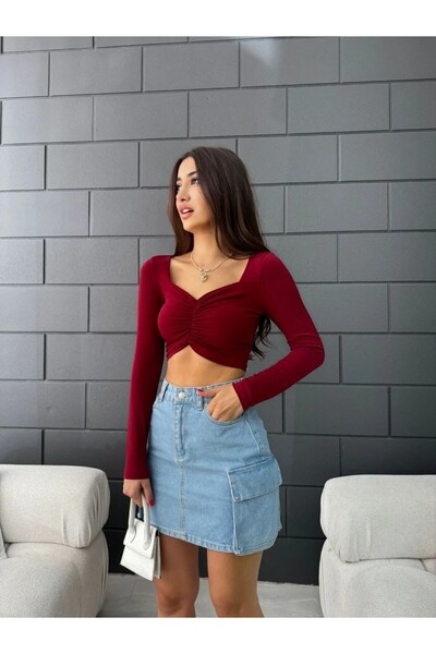 Butik Önü Büzgülü Crop Sany Bluz