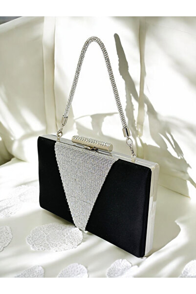 Biçanta Culoare Neagră Satin Culoare Argintiu Cristal Piatră Mâner Femei Gean...