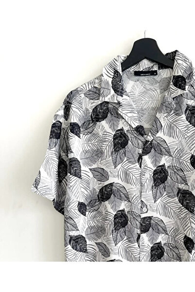 Hazhers Erkek Oversize Gömlek Yaka Kısa Kollu Viskon Yazlık Gömlek