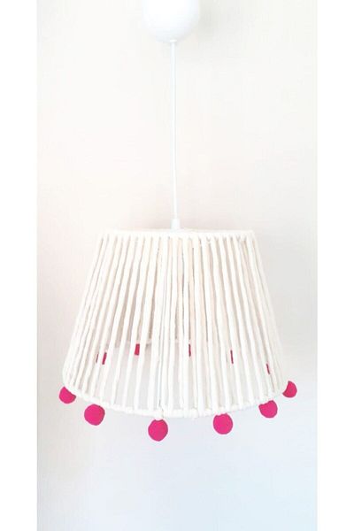 C&A&B KUZEY AVİZE Ecru Macrame Rope Wrapped Fuchsia Pompom Baby and Kids Room Pendant Lamp Chandelier