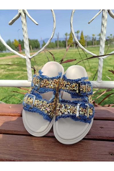 Macelife Papuci albaștri pentru femei Denim Touch cu cataramă dublă