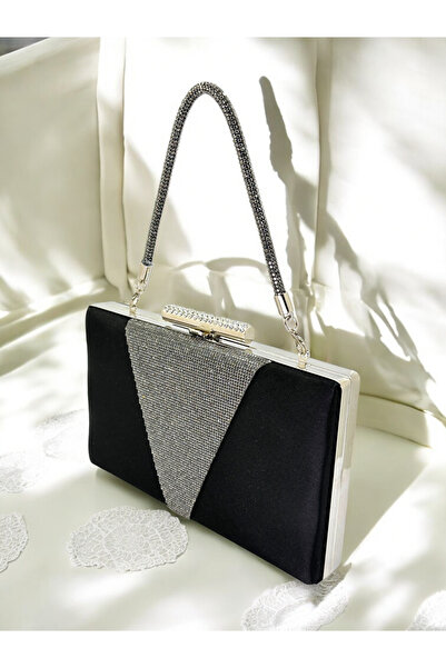 Biçanta Culoare Neagră Satin Culoare Platină Cristal Piatră Mâner Geantă Roch...