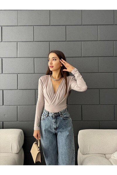 Butik Sandy Kumaş Vatkalı Pileli Bodysuit