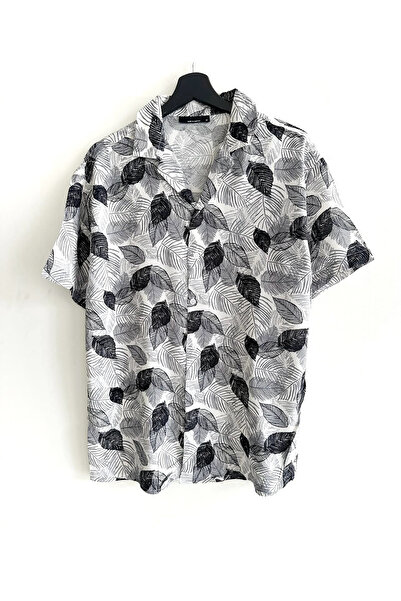 Hazhers Erkek Oversize Gömlek Yaka Kısa Kollu Viskon Yazlık Gömlek