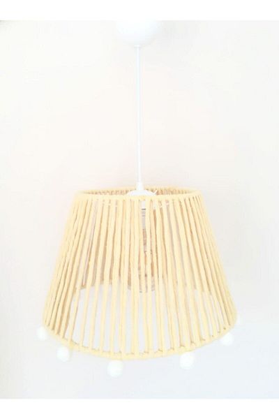 C&A&B KUZEY AVİZE Yellow Macrame Rope Wrapped Ecru Pompom Baby and Children's Room Pendant Lamp Chandelier