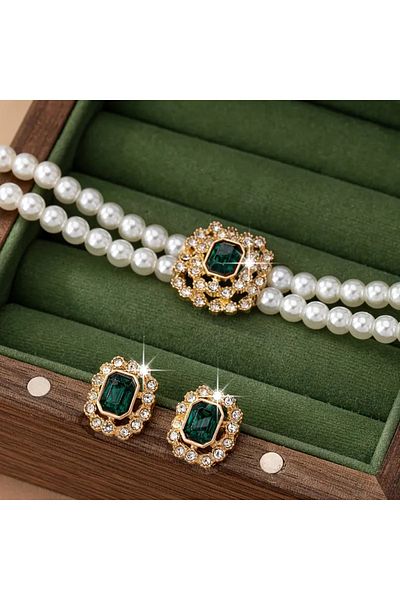 Monarque Luxurious Elegan Double Rows Pearls Set Jade Stone Accent Bracelet & Earrings, Acrylic Daily Wear