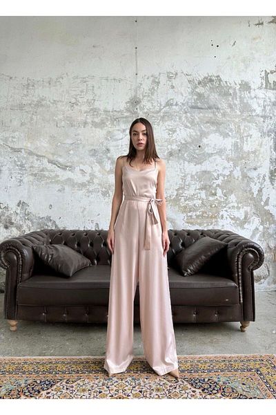 cuite style Women's Satin Fabric Strap Wide Leg Jumpsuit Dress