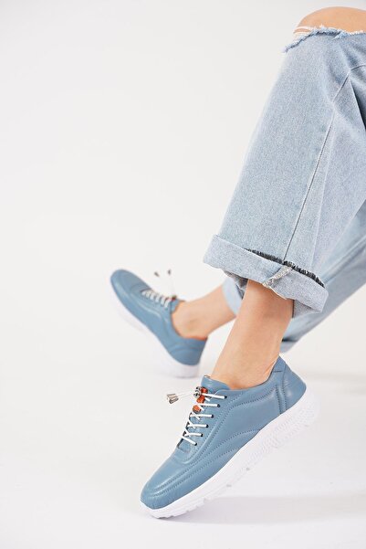 Moda Pie Nago Lastik Bağlı Hakiki Deri Kadın Spor Ayakkabı Kot Mavi Cilt