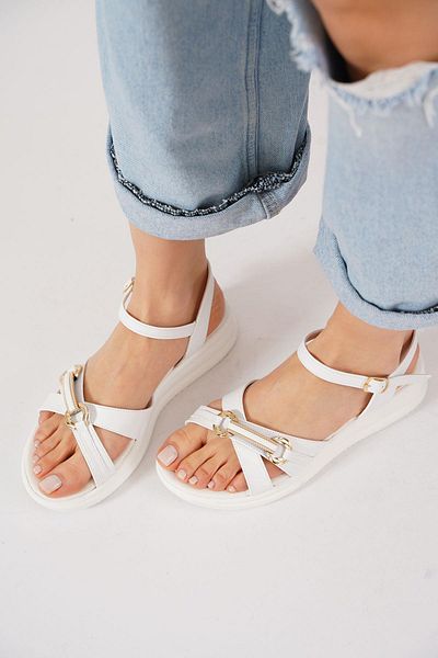 Moda Pie Women's Wedge Heel Sandals - White Skin with Peklom Cross Buckle