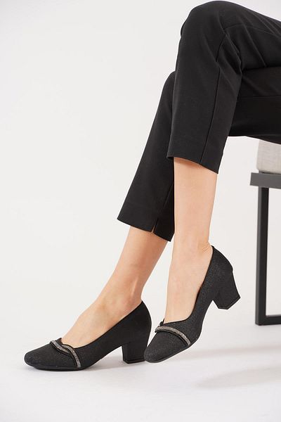 Moda Pie S cues Black Glitter Side Stone Pantofi de damă