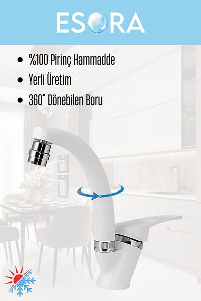 ESORA White Chrome Mix Movable Head Basin Faucet Double Water Grisstone Fountain Bathroom Faucet Kitchen Fountain