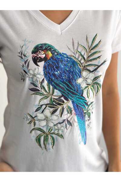 REMENY Γυναικεία λευκή νέα σεζόν μπλουζάκι με λαιμόκοψη V με πούλιες πουλιών με κεντημένο σχέδιο βαμβακερό