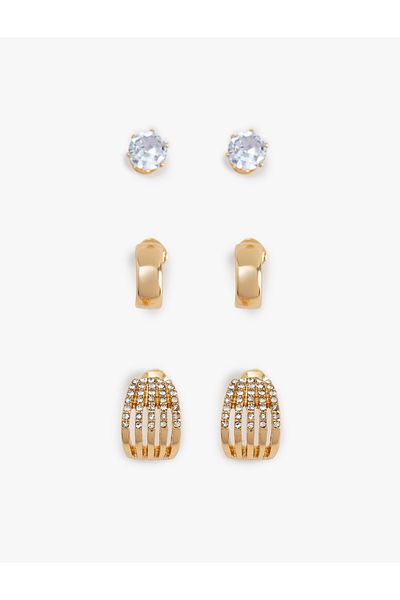 Koton Stone Detailed 3-Piece Ball and Hoop Earring Set