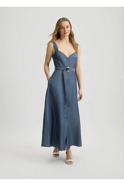 Liu Jo Women's Linen Blended Button Closure Slit Strap Belt Detailed Long Blue Dress Wa5312T4818-948