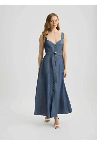 Liu Jo Kadın Keten Karışımlı Düğme Kapamalı Yırtmaçlı Askılı Kemer Detaylı Uzun Mavi Elbise WA5312T4818-948