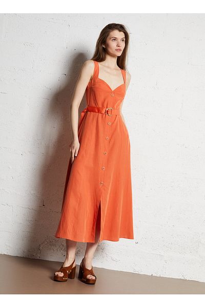 Liu Jo Ketenci Women Long Orange Dress with Belt - Button Closure and Slit Material
