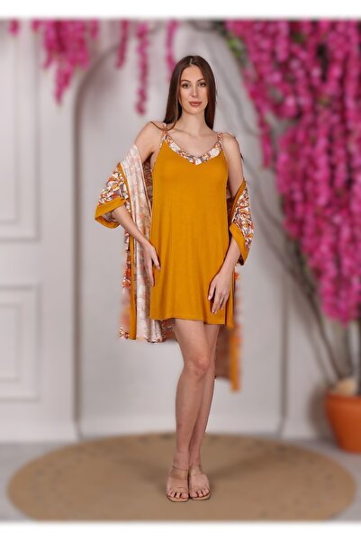 MANSHET Kadın Kısa Sabahlıklı Gecelık 2'li Takımı Pamuklu Özel Tasarım