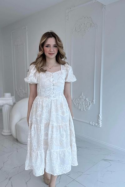 HELİS BUTİK Embroidered Ecru Scallop Dress