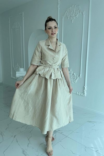 HELİS BUTİK Beige Jacket and Skirt Set with Thin Belt Ruffles