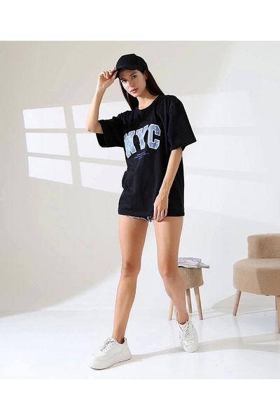 İntive Lingerie Tricou oversize cu mânecă scurtă, negru, albastru, scris
