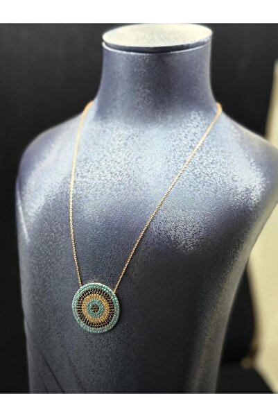 KENT Nazar Kalkanı Gümüş Kolye - Turkuaz ve Siyah Taşlı Yuvarlak Tasarım