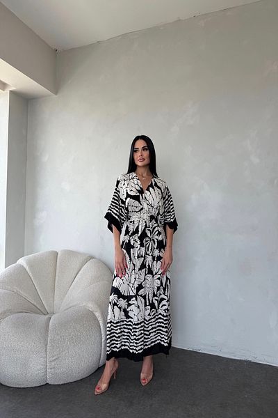 LİLA İSTANBUL Rochie de vară din țesătură din viscoză, cu guler dublu, cu talie elastică, cu detaliu cu fantă