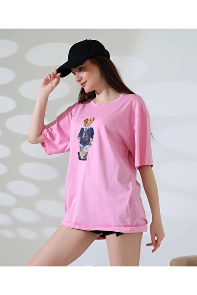 İntive Lingerie Μπλουζάκι με ροζ σχέδιο Crew λαιμόκοψη και κοντό μανίκι Oversize με αρκουδάκι