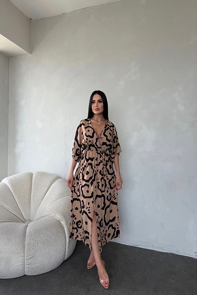LİLA İSTANBUL Rochie de vară din țesătură din viscoză cu guler dublu, cu talie elastică, cu detaliu cu fante