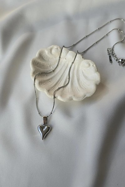 Lynare Silver Color Balloon Heart Necklace with 316L Steel Dorika Bulk Chain