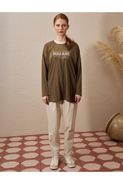 Kayra Slogan Detaylı Örme Sweatshirt Yeşil