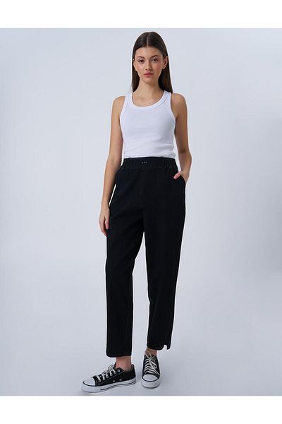 KYR Black Carrot Cut Lyocell Trousers with Elastic Waist