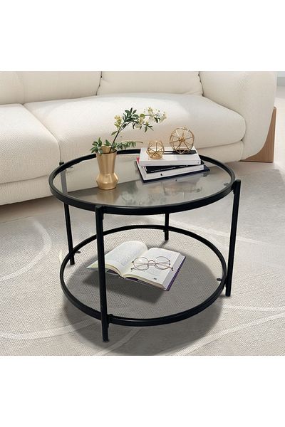 EqiEch Black Round Coffee Table with Dual Glass Tiers & Open Shelf - Modern Living Room Design