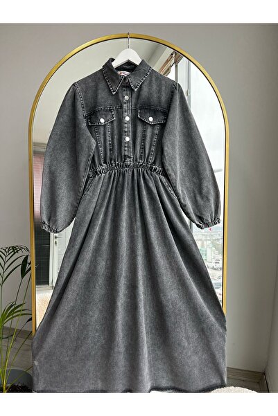 Bold Grup Women's Elastic Waist Pocket Detailed Hijab Denim Dress