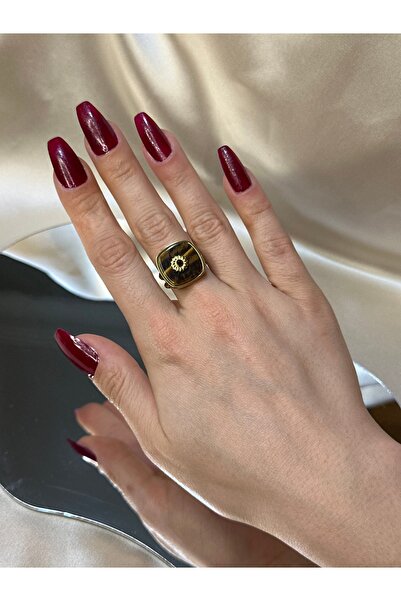 asal jewelry Kare Plaka Kahverengi Doğal Taşlı Çelik Yüzük
