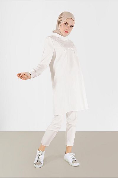 Alvina WITH TEXT PRINTED LEATHER DETAIL DEGAJE COLLAR TUNIC 42262